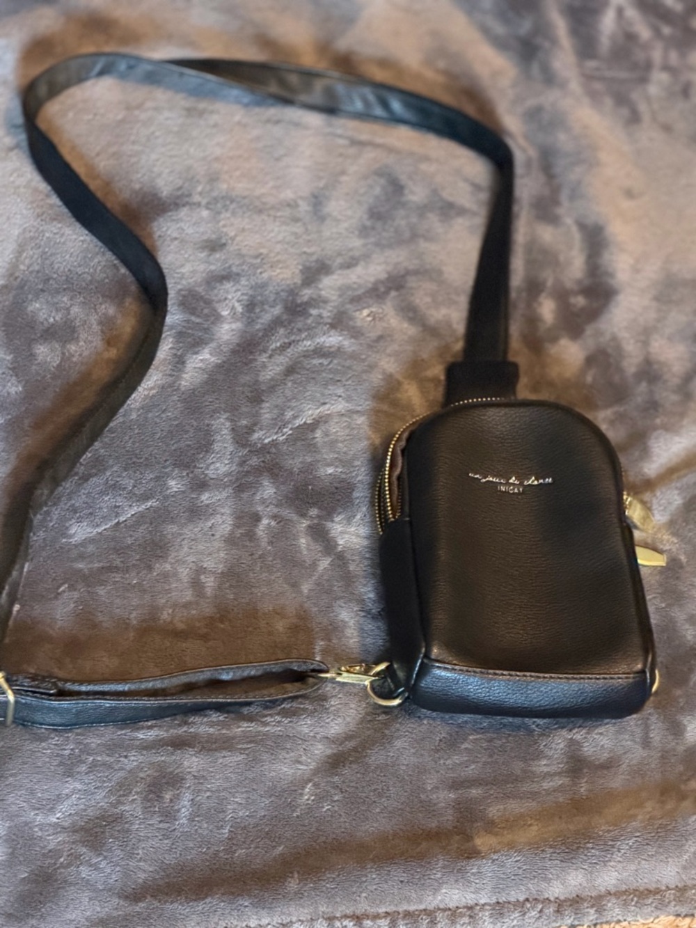 Black Crossbody Phone Bag with Gold Zipper